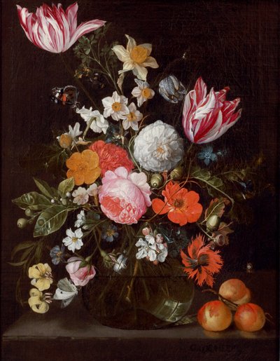 Kukkia lasimaljakossa kivijalkalistalla aprikoosien kanssa tekijältä Cornelis de Heem
