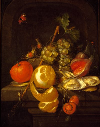 Asetelma hedelmillä ja ostereilla, 1650-luvun puoliväli tekijältä Cornelis de Heem