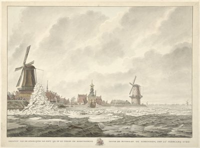 Näkymä jään puolikuusta Gorinchemin Runmolenin takana olevan kaiteen päällä ja sitä vasten, 20. helmikuuta 1799 tekijältä Cornelis de Jonker