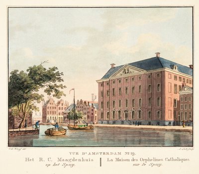 Näkymä Amsterdamiin nro 19. Het R.C. Maagdenhuis op het Spuij. Katolisten orpojen talo Spuijilla, 1825 (käsinvärinen kaiverrus) tekijältä Cornelis de Kruyff