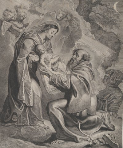 Pyhän Franciscuksen näky, joka polvistuu oikealla, vastaanottaa Kristus-lapsen Neitsyeltä..., 1650. tekijältä Cornelis de Visscher