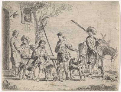 Metsästäjät majatalon edessä Genrekohtaukset (sarjan nimi) tekijältä Cornelis de Wael