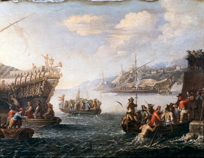 Sotilaat lähtevät taistelemaan turkkilaisia vastaan Genozin satamassa (maalaus tekijältä Cornelis de Wael