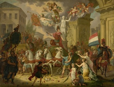 Allegoria oranssin prinssin, tulevan kuninkaan Willem II:n voittokulkueesta Waterloon sankarina, 1815 tekijältä Cornelis van Cuylenburgh (II) (signed by artist)