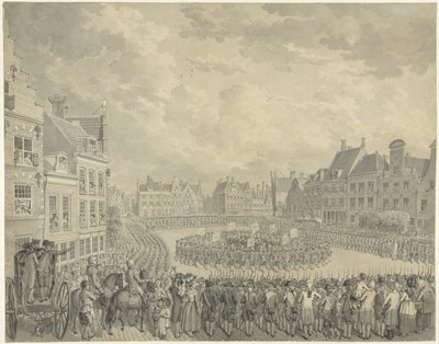 Utrechtin Neude-joen tykkimiesten virkavalansa komissaarien neuvostossa, 1786 tekijältä Cornelis van Cuylenburgh (II) (signed by artist)