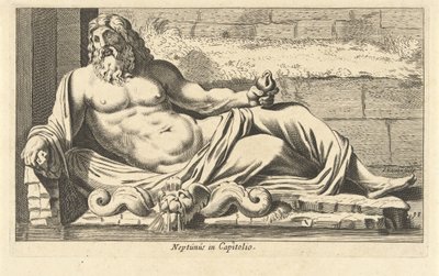 Neptunuksen patsas suihkulähteen luona Capitolissa Roomassa Neptunus Capitoliossa (otsikko esineessä) Eigenlyke kuvaa sadasta tunnetuimmista patsaista tai antiikkipatsaista, jotka seisovat Roomassa (sarjan nimi) tekijältä Cornelis van Dalen (I)