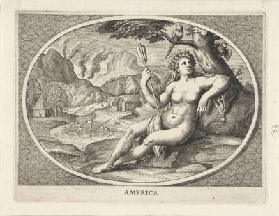 Manner-Amerikan naispuolinen personifikaatio naisena, jolla on höyhenpäähine ja nuoli maisemassa Amerikka (otsikko esineessä) tekijältä Cornelis van Dalen (II)