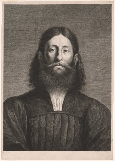 Portrait of a Bearded Man (ns. Giorgionen muotokuva), Cabinet Reynstistä; Variarum imaginum a celeberrimis artificibus pictarum Caelaturae (Cabinet Reynst: Kaiverrukset kuuluisien taiteilijoiden maalaamista erilaisista kuvista). tekijältä Cornelis van Dalen II