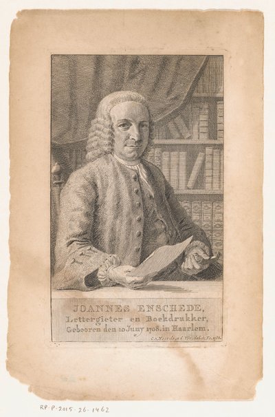 Johannes Enschedén muotokuva Joannes Enschede, tyyppiperustaja ja kirjapaino (nimi esineessä) tekijältä Cornelis van Noorde