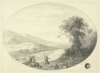 Italialainen maisema tanssijan, muusikoiden ja vuohien kanssa tekijältä Cornelis van Poelenburgh