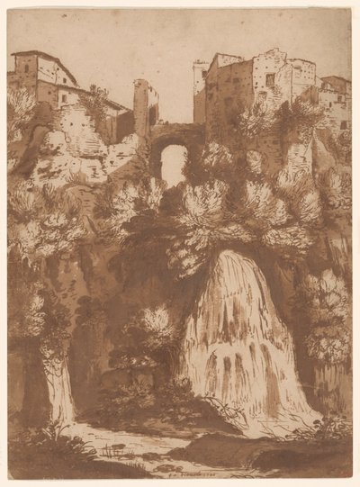 Näkymä Tivolista Anion vesiputouksen ylittävällä sillalla tekijältä Cornelis van Poelenburgh