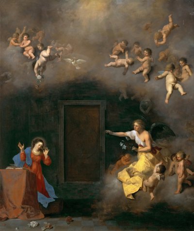 The Annunciation, kirjoittanut Poelenburgh, Cornelis, van (1594/95-1667). Öljy kuparille, c. 1635. Mitat: 48x41 cm. Taidehistoriallinen museo, Wien tekijältä Cornelis van Poelenburgh or Poelenburch