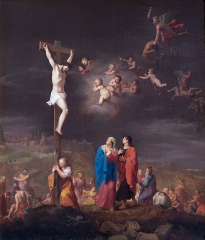 Ristiinnaulitseminen, kapinallisten enkelien kaatuminen (öljy tammipaneelissa) tekijältä Cornelis van Poelenburgh or Poelenburch