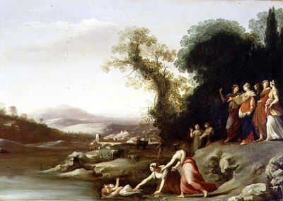 Mooseksen löytö (öljy kankaalle) tekijältä Cornelis van Poelenburgh or Poelenburch