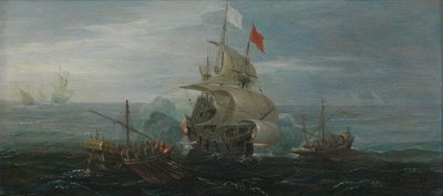 Ranskalainen laiva ja barbaarimerirosvot, noin 1615 (öljy tammipaneelille). tekijältä Cornelius Bol