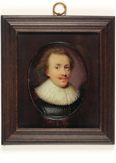 Herrasmies, mustakuvioinen dubletti, jossa putoava pitsireunainen röyhelö (akvarelli vellum) tekijältä Cornelius I (attr.to) Johnson