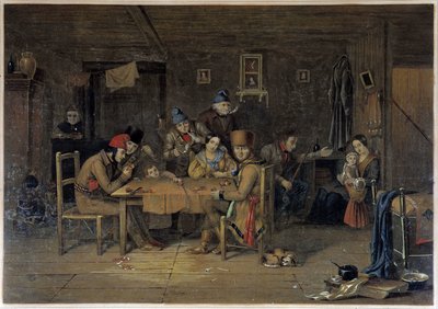 Ranskalaiset uudisasukkaat Kanadassa pelaavat korttia - Krieghoffin maalaus tekijältä Cornelius Krieghoff