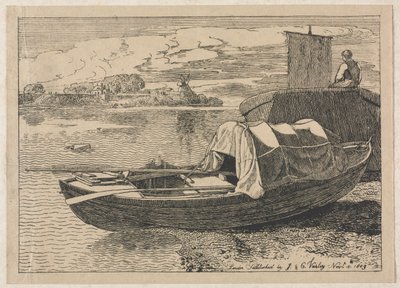 Veneitä joella, Tuulimylly kaukana, 1809. tekijältä Cornelius Varley