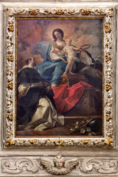 SS Salvatoren kirkko, sisätilat, Rukousnauhan alttari, Rukousnainen, Corrado Giaquinton (1703-1766) kankaalle tekemä, Poggiardo, Lecce, Puglia (kuva) tekijältä Corrado Giaquinto