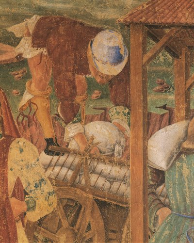 Kauppias töissä, yksityiskohta Triumph of Ceresistä, kohtaus elokuulta, Cosimo Tura tekijältä Cosimo (attr. to) Tura