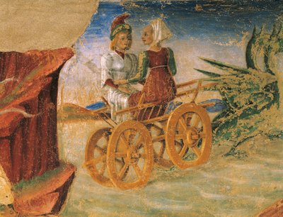Proserpinan raiskaus, yksityiskohta Triumph of Ceresista, kohtaus elokuusta, Cosimo Turan (noin 1430-1495) ja Ercolen mestarin ansiota, fresko, pohjoisseinä, Kuukausien sali, Palazzo Schifanoia (Ilon palatsi), Ferrara, Italia, noin 1470 tekijältä Cosimo (attr. to) Tura