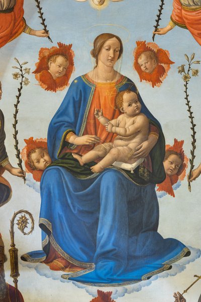 Madonna lapsen kanssa kunniassa, pyhä Ambrose, pyhä Franciscus Assisilainen, Isä Jumala ja enkelit, alttaritaulu, yksityiskohta (fresko) tekijältä Cosimo Rosselli