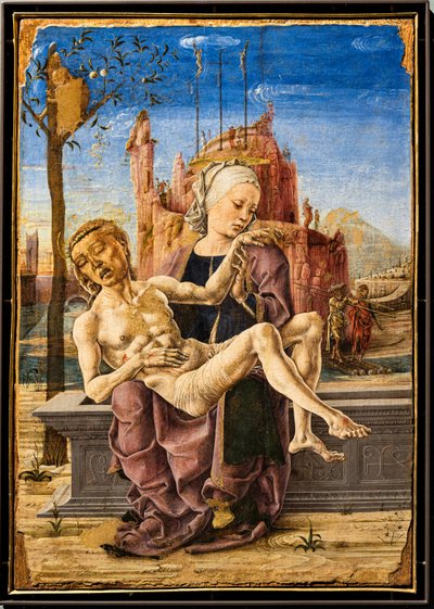 Valituslaulu, Cosmé Tura, n. 1460. Maalauksen vasemmassa yläkulmassa omenapuun oksiin kiinnittyvä apina. Se on viittaus hyvän ja pahan puuhun ja Paholaisen kiusaukseen maallisessa paratiisissa. tekijältä Cosimo Tura