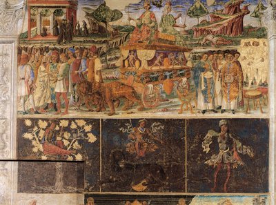 Jupiterin ja Cybelen voitto ja Leijonan merkki, kohtaukset heinäkuun kuukaudesta, fresko, pohjoisseinä, Kuukausien sali, Palazzo Schifanoia (Ilon palatsi), Ferrara, Italia, noin 1470 tekijältä Cosimo Tura