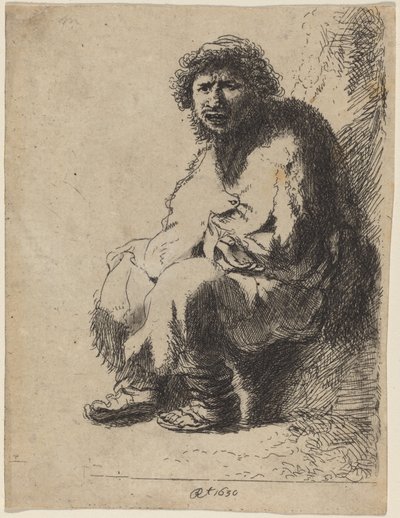 Kerjäläinen istuu pankissa tekijältä Costantino Cumano after Rembrandt van Rijn