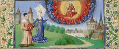 Filosofia opettaa Boethiukselle Jumalan roolia. Noin 1460-70 tekijältä Coëtivy Master