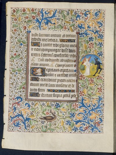 Lehti tuntikirjasta: Enkeli Chasing a Devil recto ja Two Devils verso, n. 1460. tekijältä Coëtivy Master