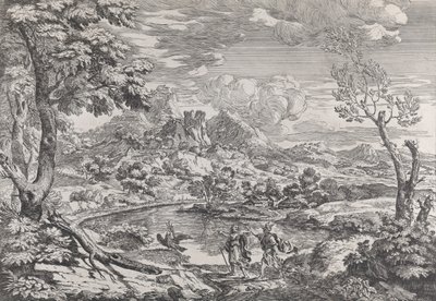Maisema miehen kanssa, joka näyttää Merkuriukselle Jupiterin kotkan, n. 1695-99. tekijältä Crescenzio Onofri