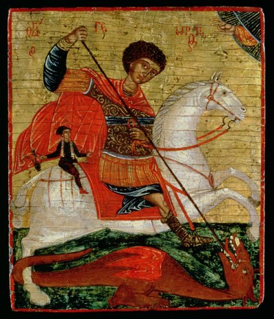 Pyhän Yrjön ja lohikäärmeen ikoni (kultalehti ja tempera paneelissa) tekijältä Cretan School