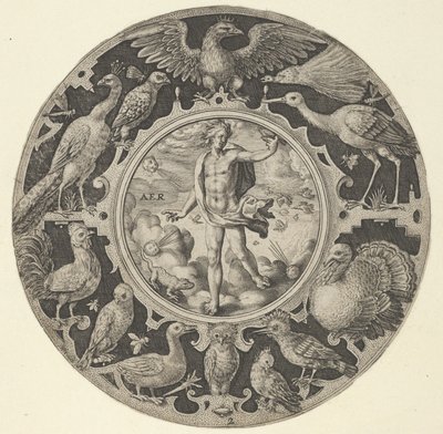 "Aer" koristeellisessa reunassa lintujen kanssa, sarjasta pyöreitä kuvioita F..., 1590-1612. tekijältä Crispijn de Passe I
