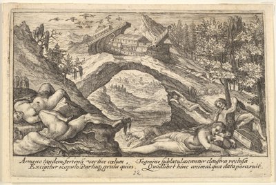 Vedenpaisumuksen jälki: etualalla kuivalle maalle levitetyt ihmisruumiit, Nooan arkin nummi..., 1612. tekijältä Crispijn de Passe I