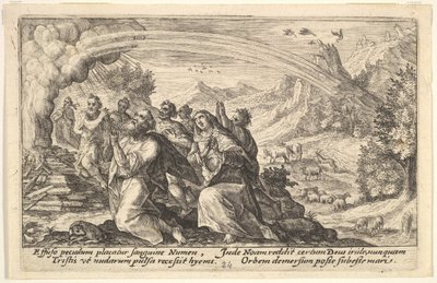 Jumala tekee liiton Nooan kanssa: savuavan tulipalon vieressä Nooa polvistuu p..., 1612. tekijältä Crispijn de Passe I