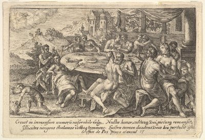 Ihmiskunta antautumassa juoruukselle ennen vedenpaisumusta: pariskuntien syleily penkillä ta..., 1612. tekijältä Crispijn de Passe I