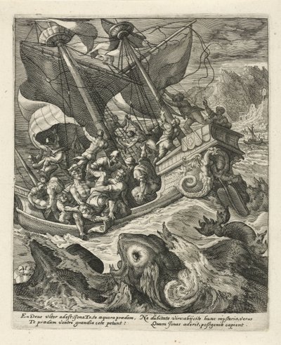 Merimiehet heittävät Joonan yli laidan History of Jonah (sarjan nimi) tekijältä Crispijn van de Passe (I)