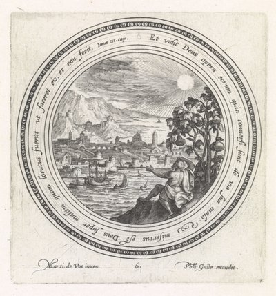 Joona istuu kurpitsan alla History of Jonah (sarjan nimi) tekijältä Crispijn van de Passe (I)