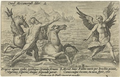 Neptunus kurkottaa Coronikseen Metamorphoses of Ovid (sarjan nimi) tekijältä Crispijn van de Passe (I)