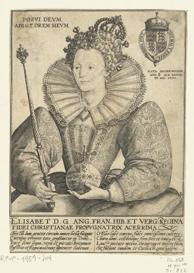 Portret van Elizabeth I Tudor, 10 halfen lijve Posvi Devm Aiut Orem Mevm (otsikko esineessä) tekijältä Crispijn van de Passe (I)