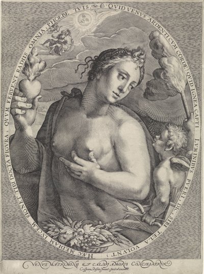 Venus ja Amor Venus Matrimonij ja Calidj Amoris Conciliatrix (otsikko esineessä) Diana, Venus en Aurora (sarjan nimi) tekijältä Crispijn van de Passe (I)