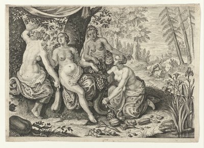 Nymfit täyttävät runsaudensarven Metamorphoses of Ovid (sarjan nimi) tekijältä Crispijn van de Passe (II) (attributed to)