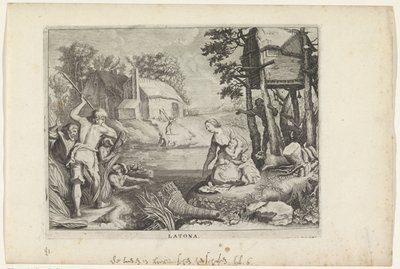 Leto (Latona) muuttaa lykialaiset sammakoiksi Metamorphoses of Ovid (sarjan nimi) tekijältä Crispijn van de Passe (II)