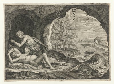 Peleus vaanii nukkuvaa Thetista Metamorphoses of Ovid (sarjan nimi) tekijältä Crispijn van de Passe (II)
