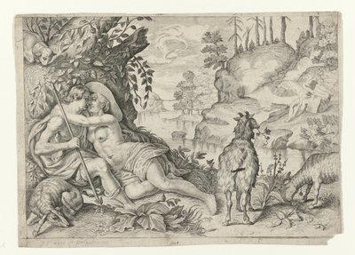 Acis en Galatea nappasi Polyphemuksen Metamorfosen van Ovidius (sarjan nimi) tekijältä Crispijn van de Passe (II)