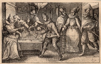Backgammon-juhla kiertelevien pelaajien kanssa - hollantilainen kuparilevykaiverrus; vedossarjasta Hortus Voluptatem, kirjoittanut Crispin de Passe (1550-1643) - Backgammonia pelaava pariskunta yllättynyt Crispin de Passe l