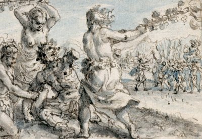 Maenadit lyövät Pentheusta, 1600-luvun alku (kynä ja ruskea muste ruskealla, sinisellä ja harmaalla pesuaineella) tekijältä Crispin I de Passe