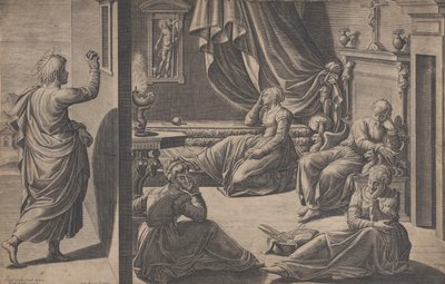 Pyhä Nikolaus Barilainen ja kolme köyhää tyttöä, 1587. tekijältä Cristofano Cartaro