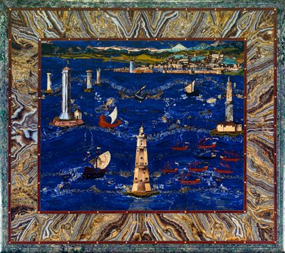 Pöytä, jossa on Livornon sataman kuva, noin 1601-04 (jalokivet, puu, emali). tekijältä Cristofano & Ligozzi Jacopo (1547 1626) Gaffurri
